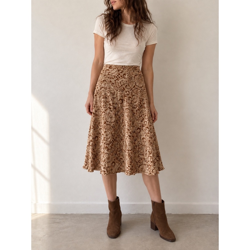 Lafayette 148 New York Tan Velvet Paisley Midi Skirt Size 8 Boho